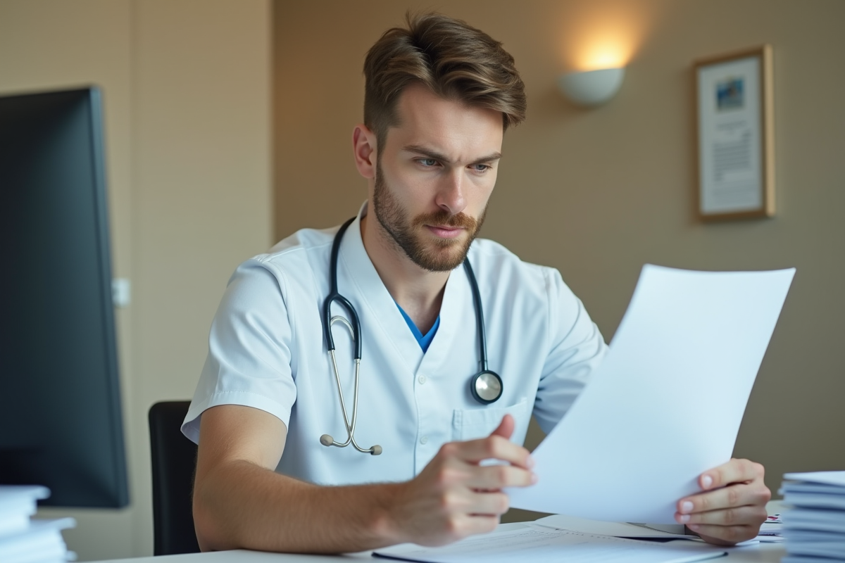 Jeune infirmier étudiant des dossiers à la station