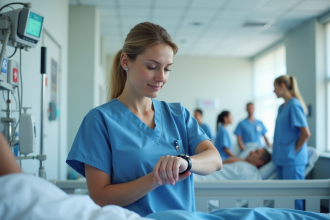 Infirmière en blouse bleue vérifiant un moniteur patient