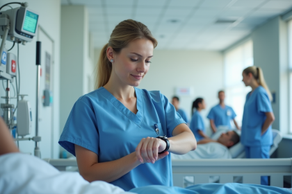 Infirmière en blouse bleue vérifiant un moniteur patient