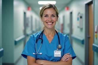 Infirmière en blouse bleue dans un hôpital souriante