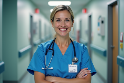 Infirmière en blouse bleue dans un hôpital souriante