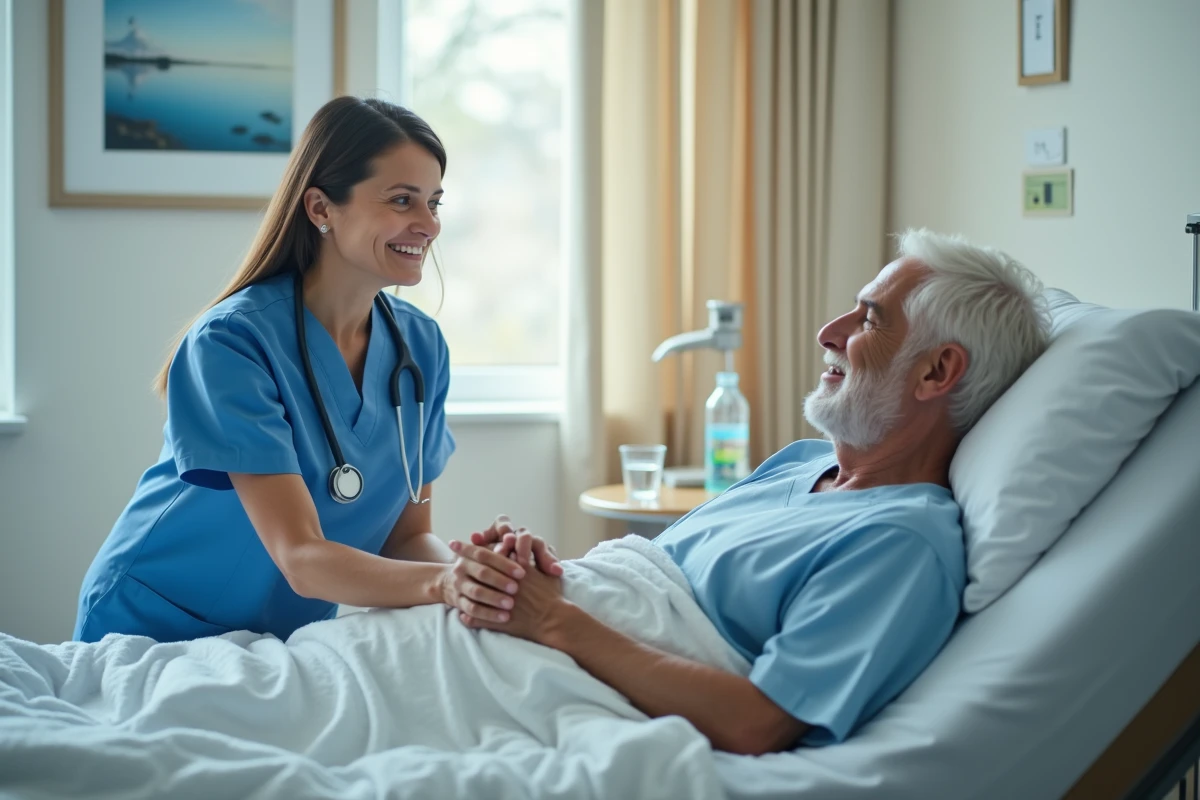 Infirmière en blouse bleue tenant la main d'un patient âgé