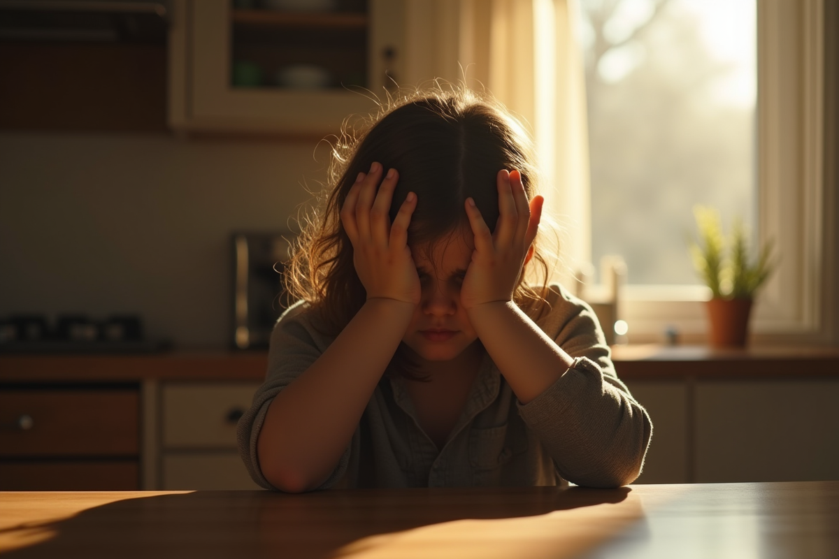 Jeune adulte seul au matin dans la cuisine exprimant solitude