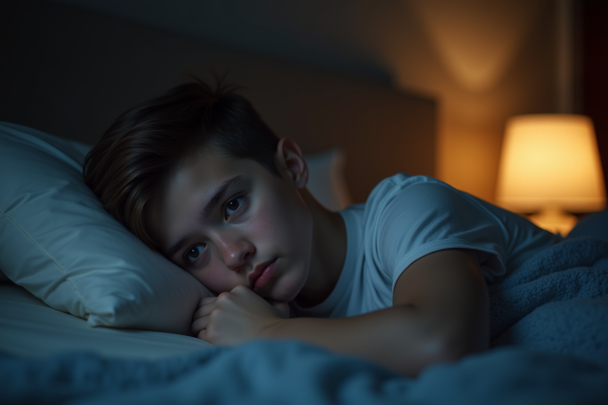 Jeune adulte allongé dans son lit la nuit avec une lumière douce