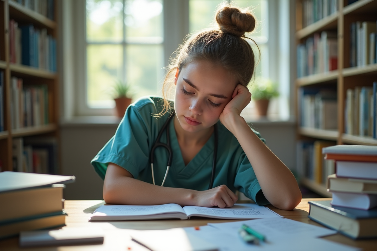 Etudiante en medecine fatiguee et concentrée dans une bibliothèque
