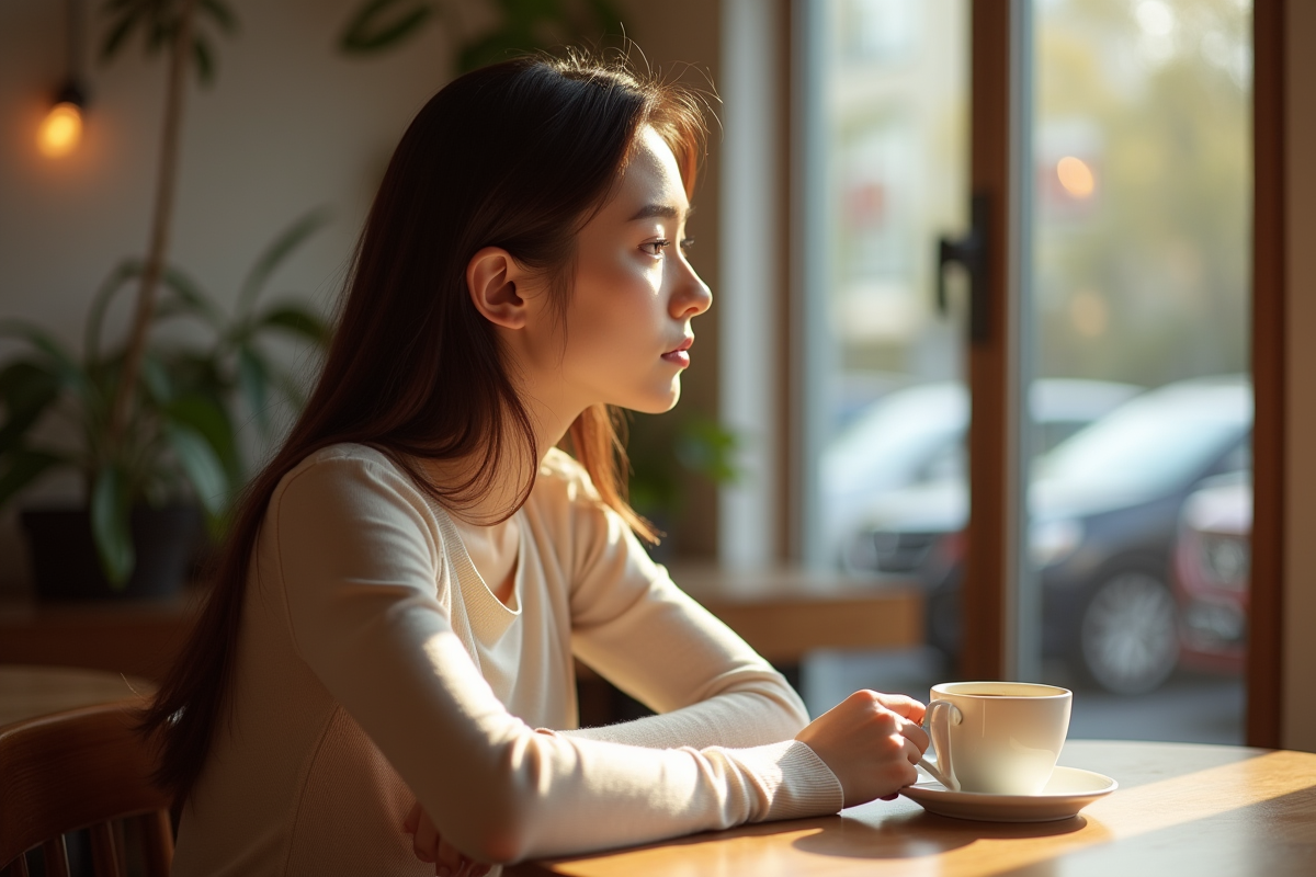 Jeune femme au cafe regardant par la fenetre
