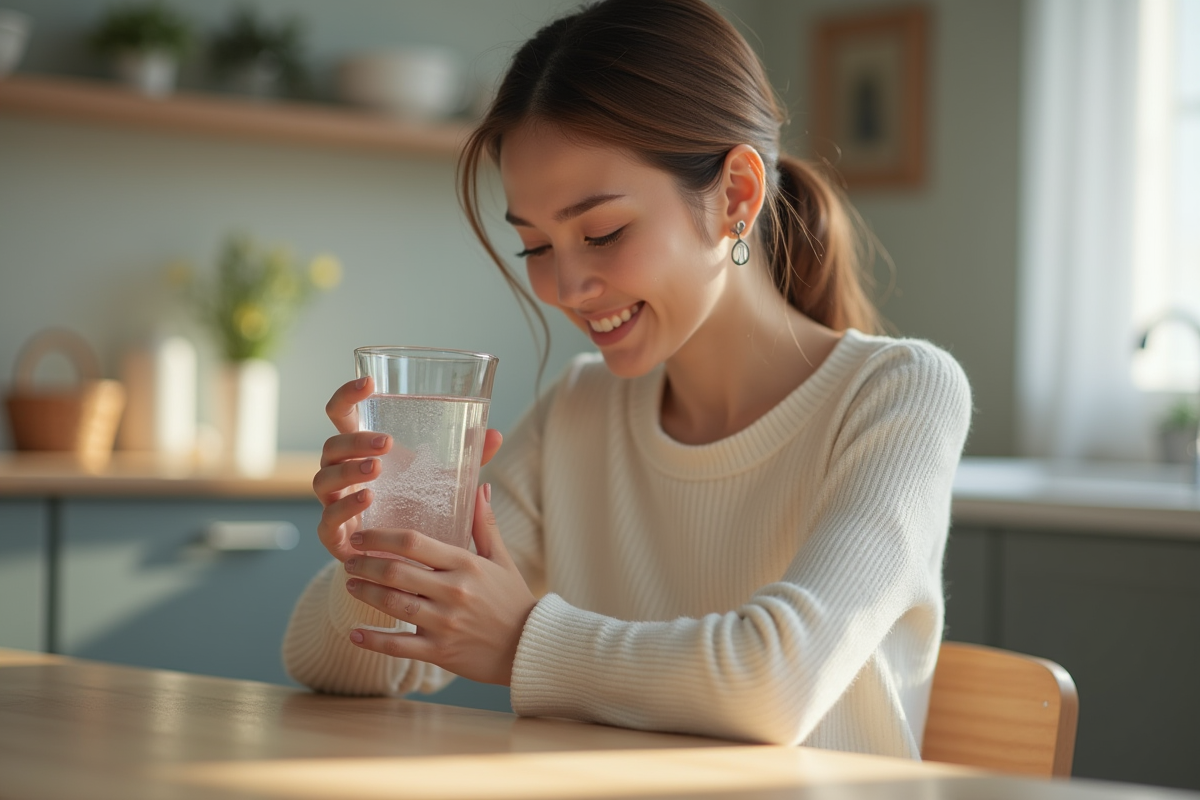 Jeune femme tenant un verre d'eau dans la cuisine