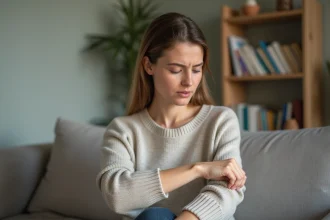 Jeune femme examine une irritation cutanée au poignet