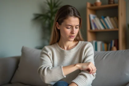 Jeune femme examine une irritation cutanée au poignet