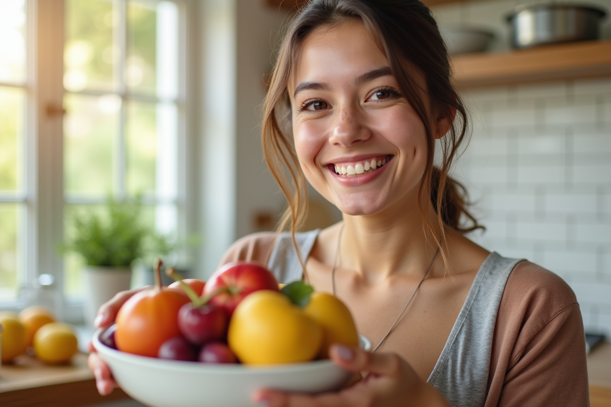 Jeune femme souriante en cuisine avec fruits frais