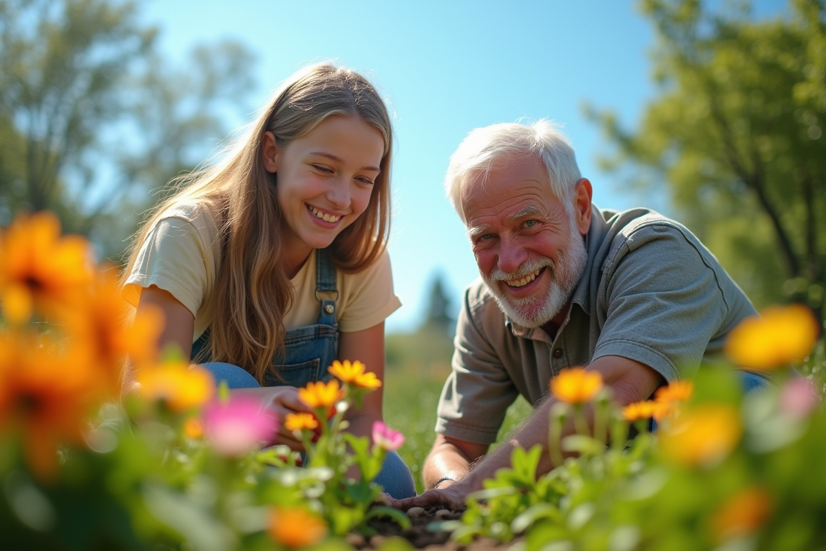 Jeune fille et senior plantant des fleurs dans un parc