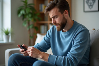 Jeune homme vérifiant son glucose à la maison