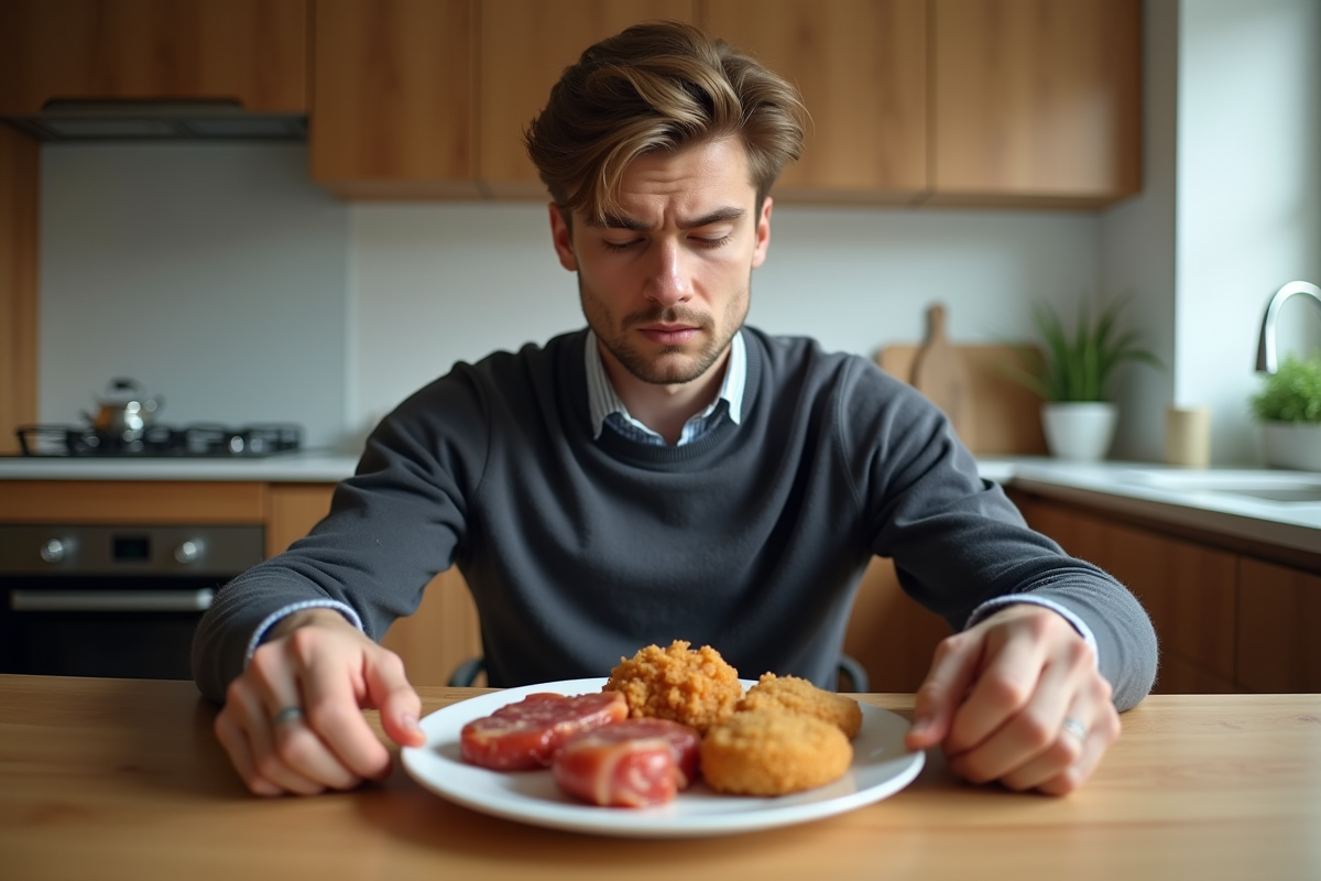 Jeune homme à la maison repoussant des aliments frits