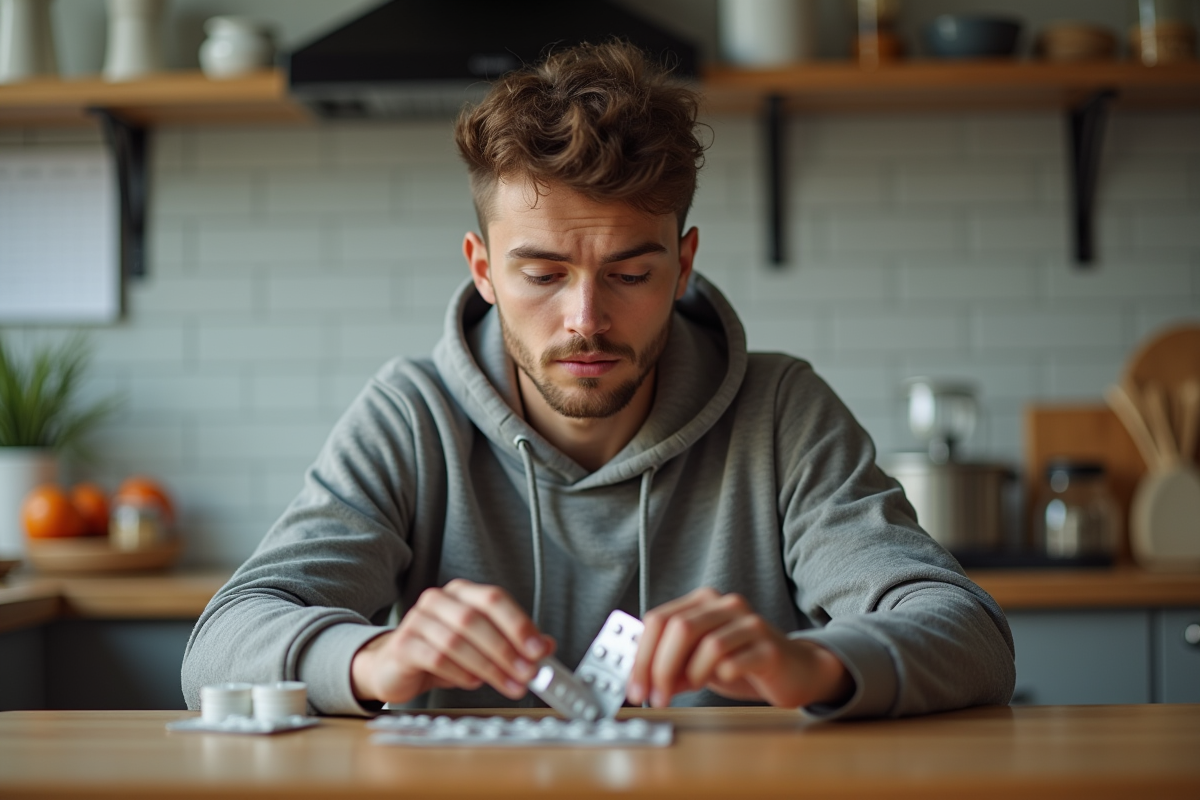Jeune homme vérifiant ses médicaments à la cuisine