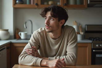 Jeune homme pensif assis seul à la cuisine