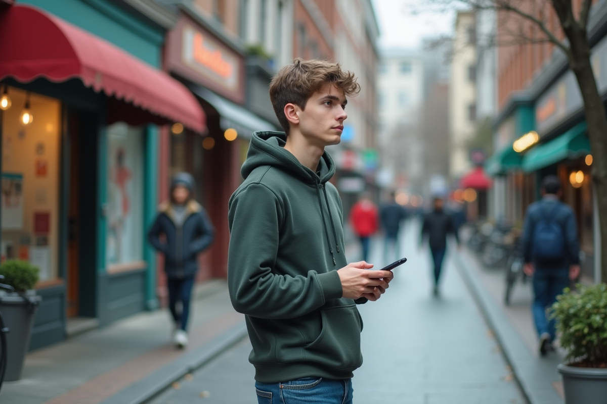 Jeune homme dans la rue avec smartphone et décor urbain