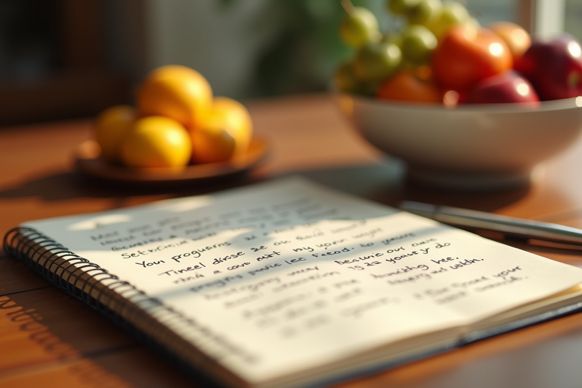 Journal et stylo avec fruits au petit déjeuner