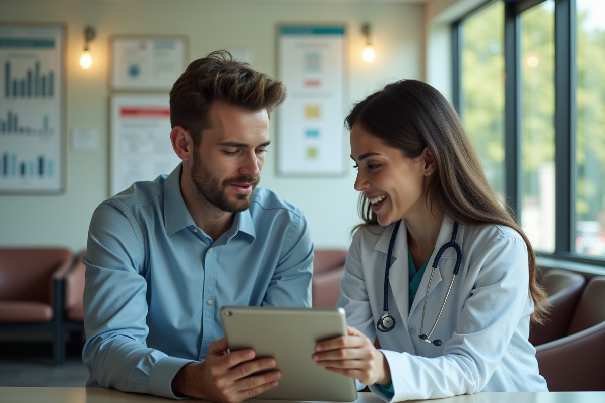 Jeune homme discutant avec une médecin en regardant un dossier numérique