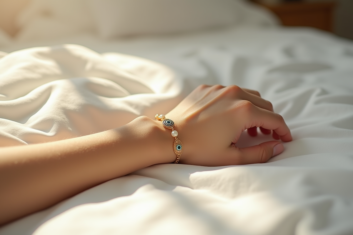 Main reposant sur draps blancs avec bracelet oeil de sorciere au matin