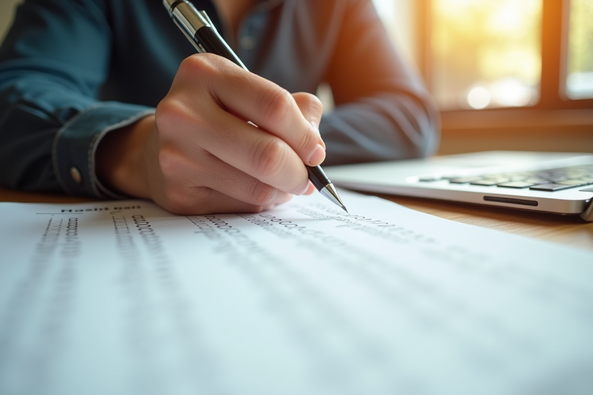 Main tenant un stylo sur une feuille de test en lumière naturelle