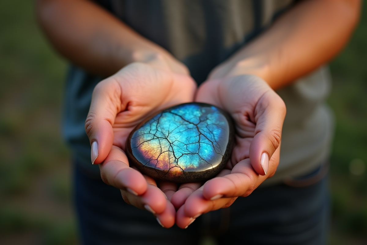 Mains tenant une labradorite iridescente au matin