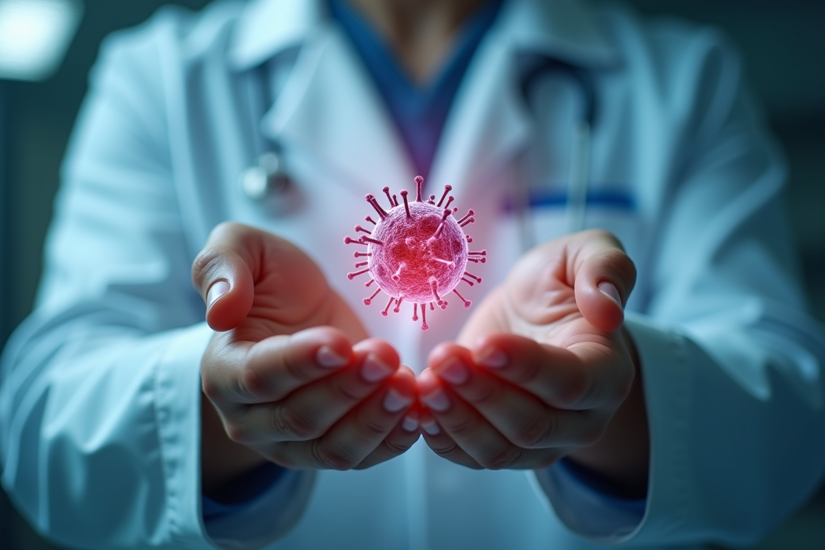 Mains tenant une cellule immunitaire lumineuse dans un laboratoire clair