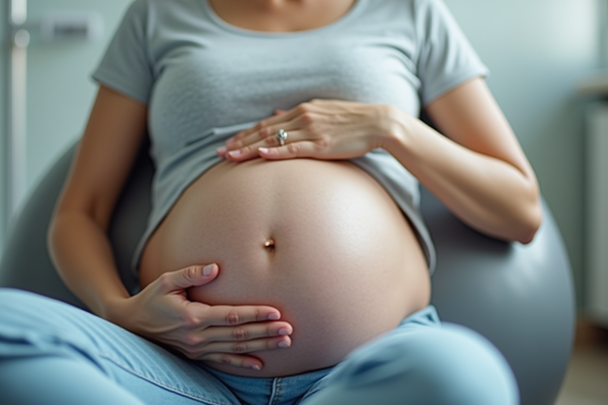 Mains soutenant ventre de femme enceinte sur ballon en salle
