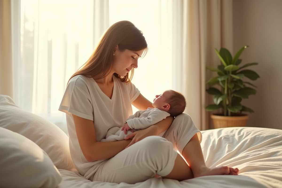 Jeune maman tenant son bébé dans une chambre lumineuse