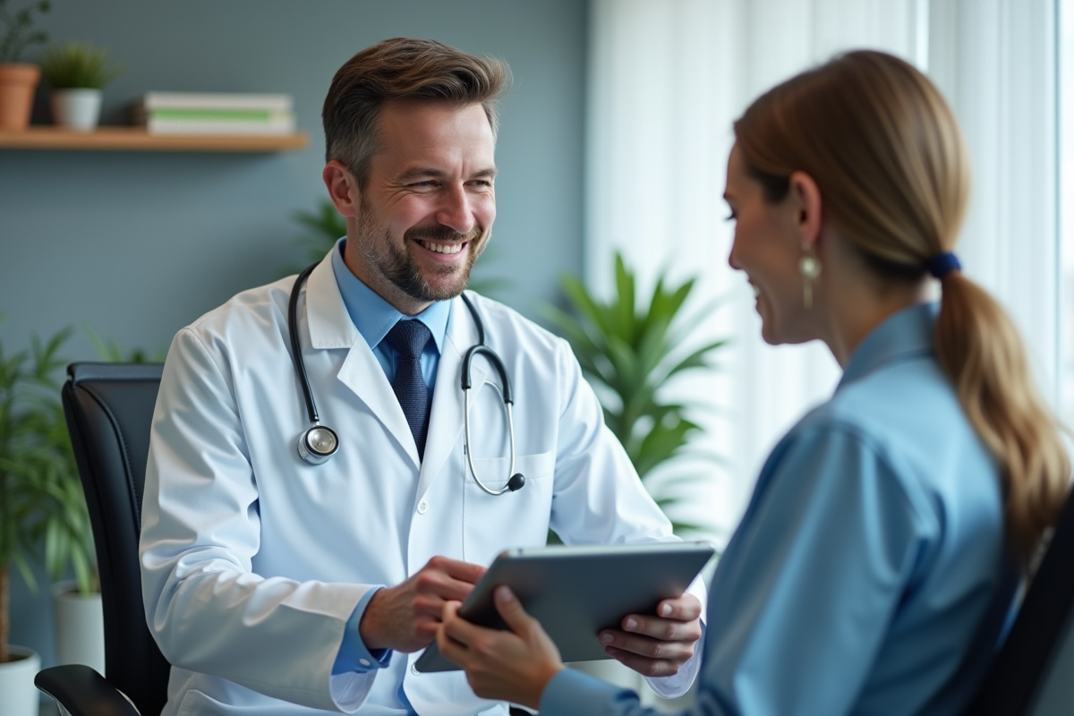 Medecin montrant des resultats de sante sur une tablette a un patient