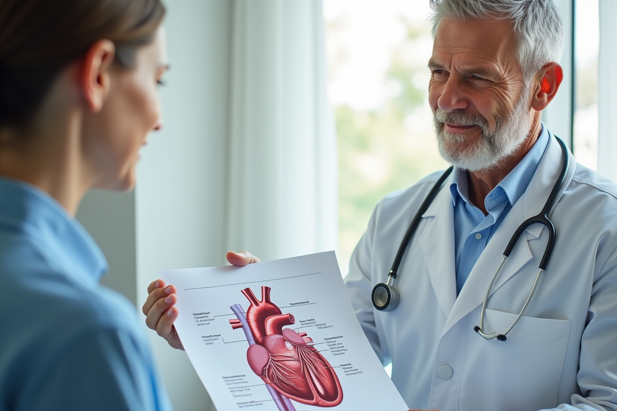 Medecin montrant un diagramme du coeur humain en consultation