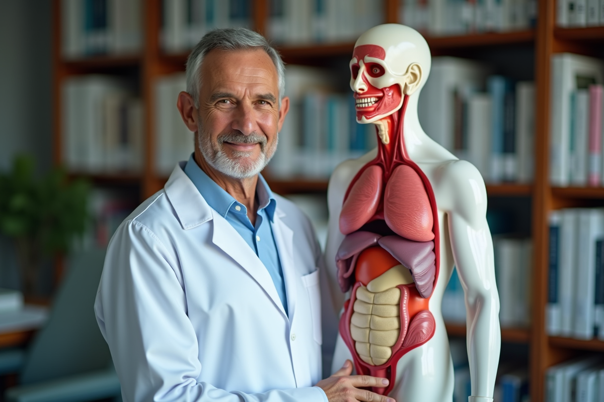 Medecin expliquant le modele anatomique des glandes hormonales