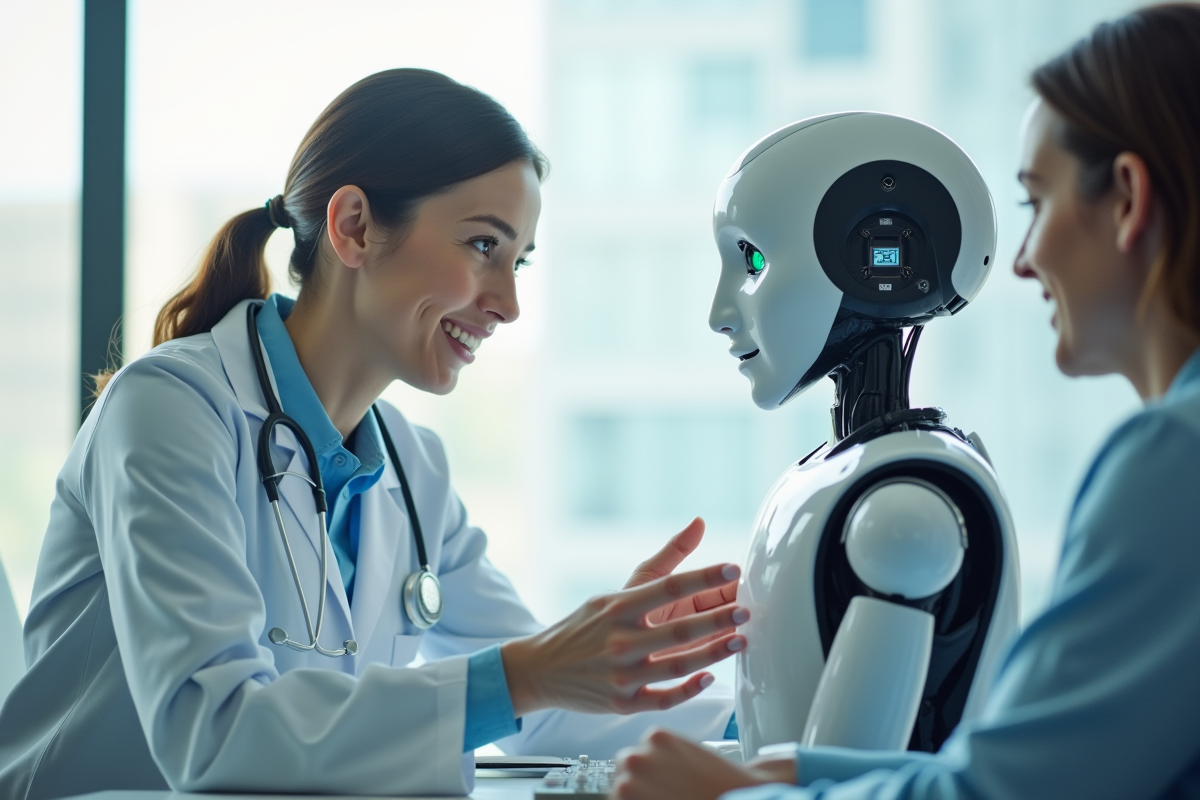 Médecin avec robot humanoide en consultation hospitalière