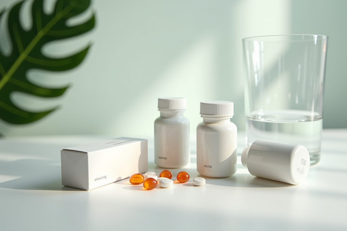 Médicaments pour eczema sur une table avec eau et feuille verte