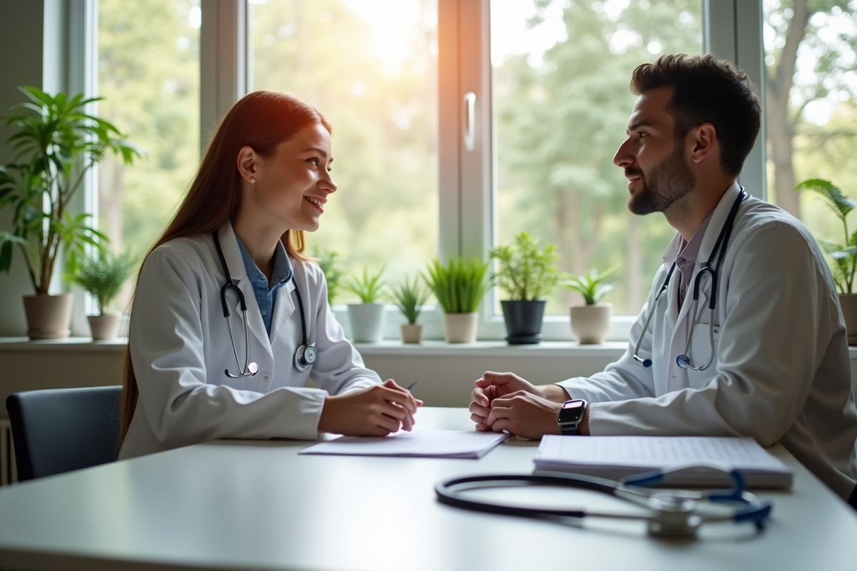 Naturopathe en consultation avec un jeune adulte dans une clinique lumineuse
