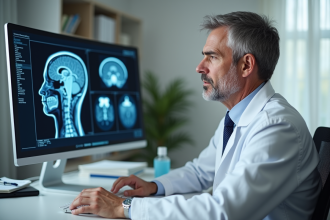 Médecin neurologue examinant un scan cérébral numérique