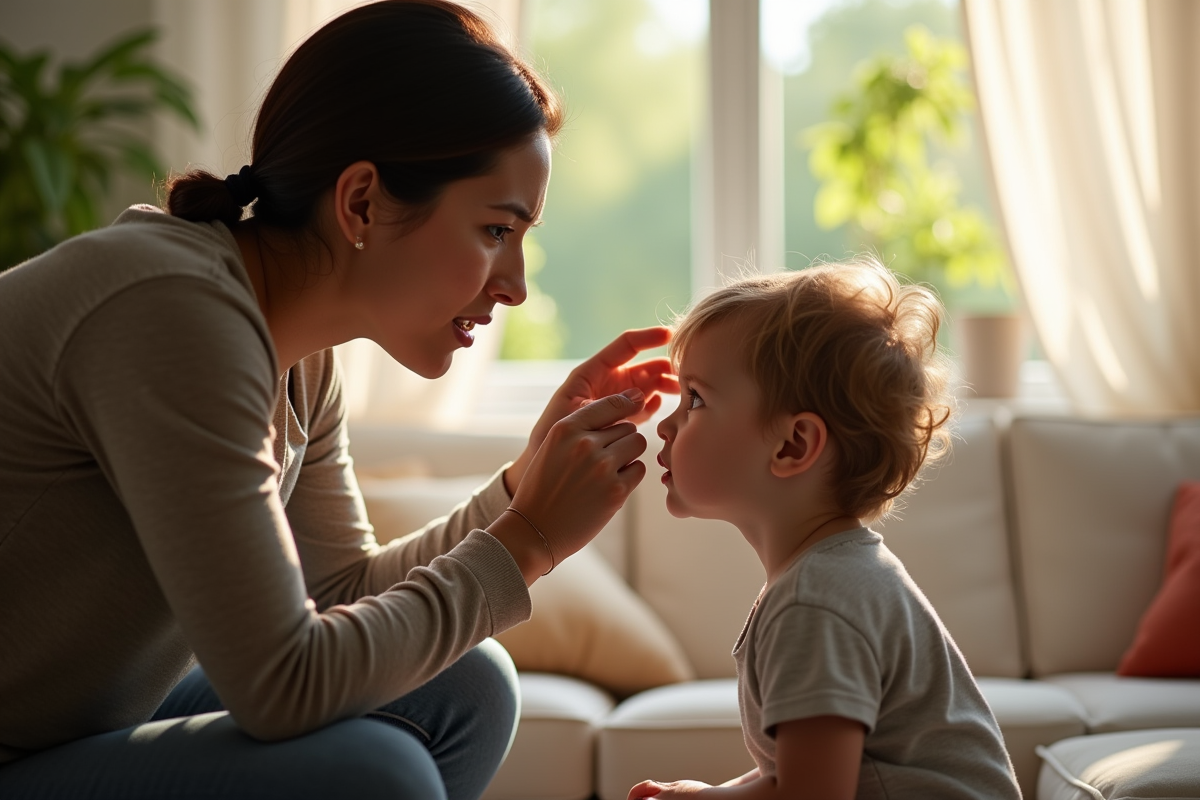 Parent vérifiant la fièvre d'un enfant dans un salon ensoleille