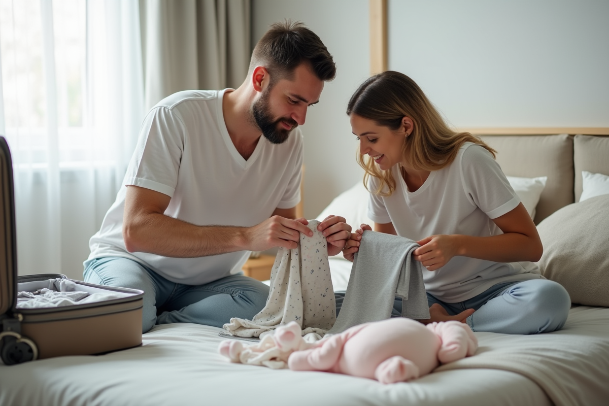 Parents pliant des vêtements de bébé sur le lit
