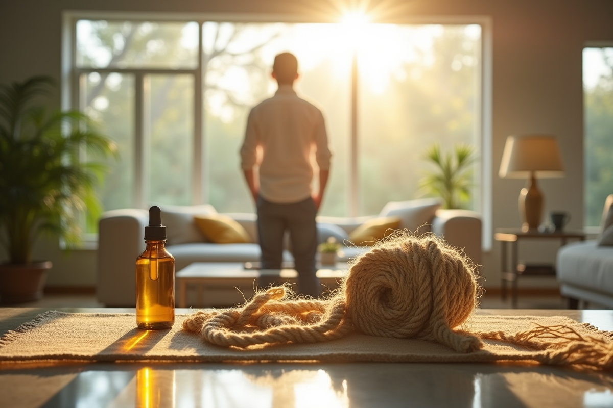 Personne dans un salon lumineux regardant des produits en chanvre