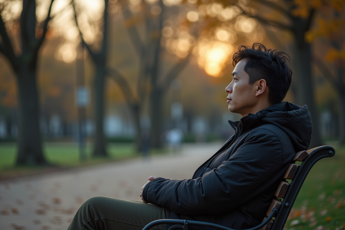 Personne assise seul sur un banc de parc regardant au loin