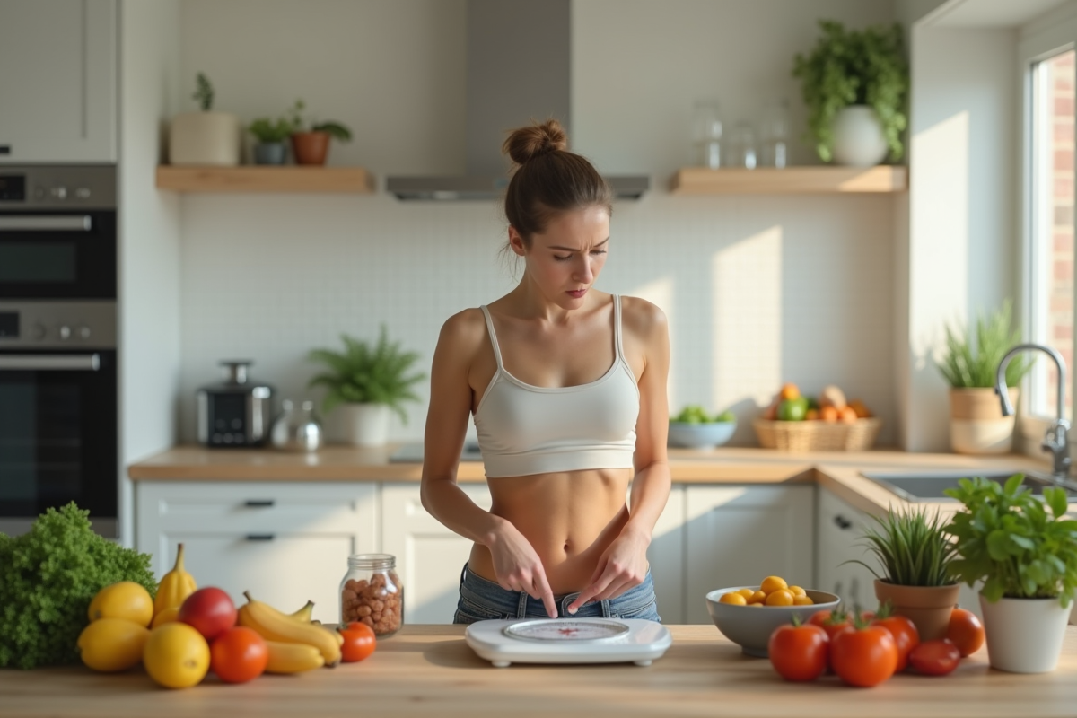 Personne mesurant son poids dans une cuisine moderne
