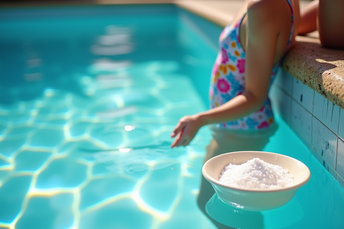 Piscine en plein soleil avec personne testant l'eau