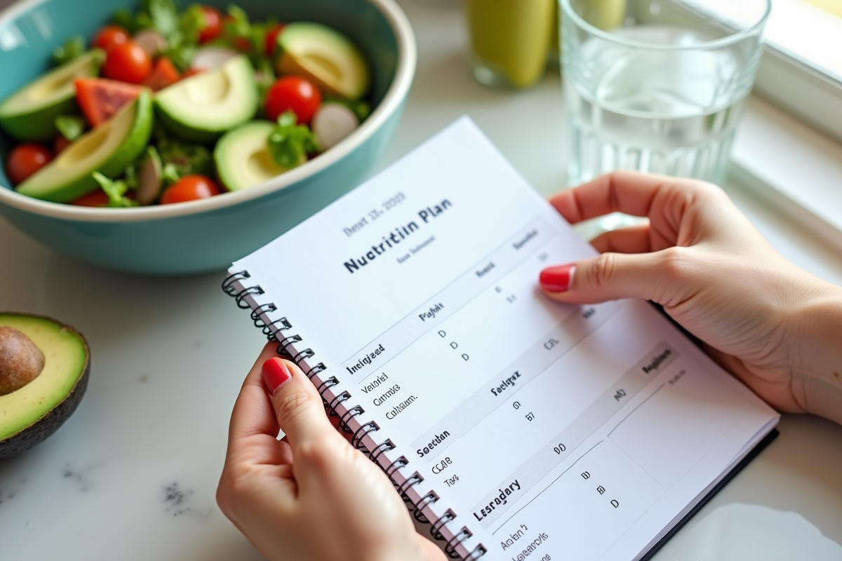 Gros plan sur mains avec plan nutrition et salade colorée