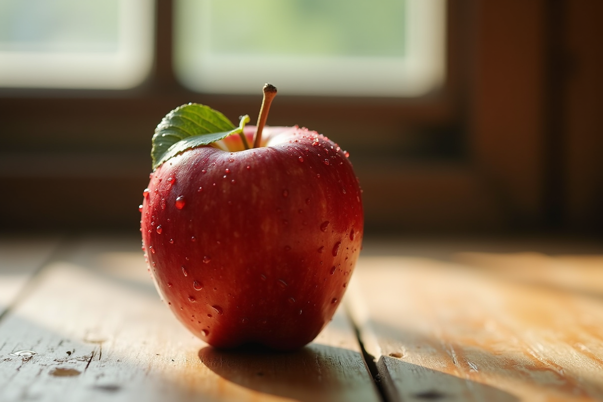 Pomme bio sur table en bois avec lumière naturelle