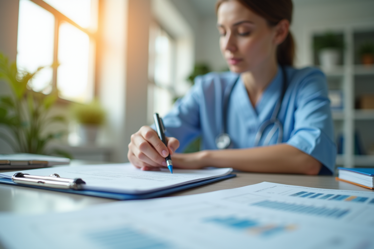 Professionnel de santé remplissant des formulaires dans un bureau lumineux