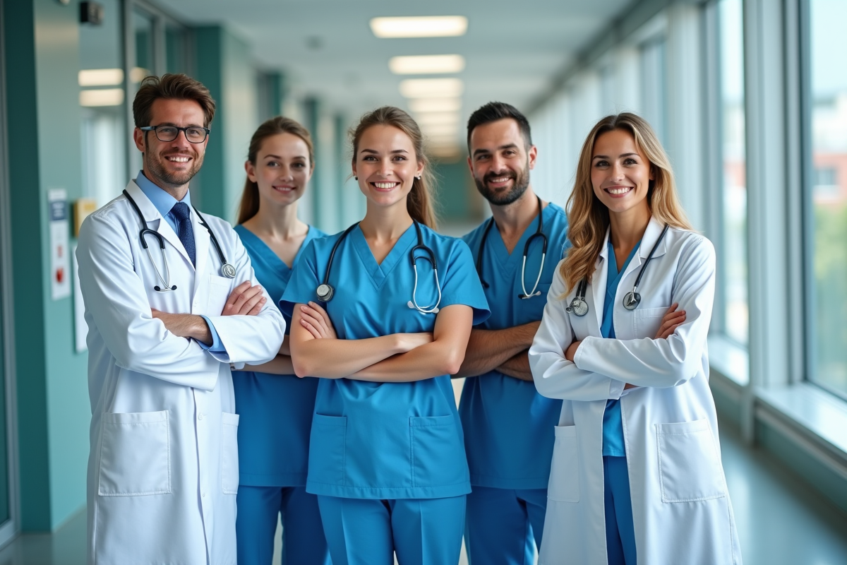 Équipe de professionnels de santé dans un hôpital moderne