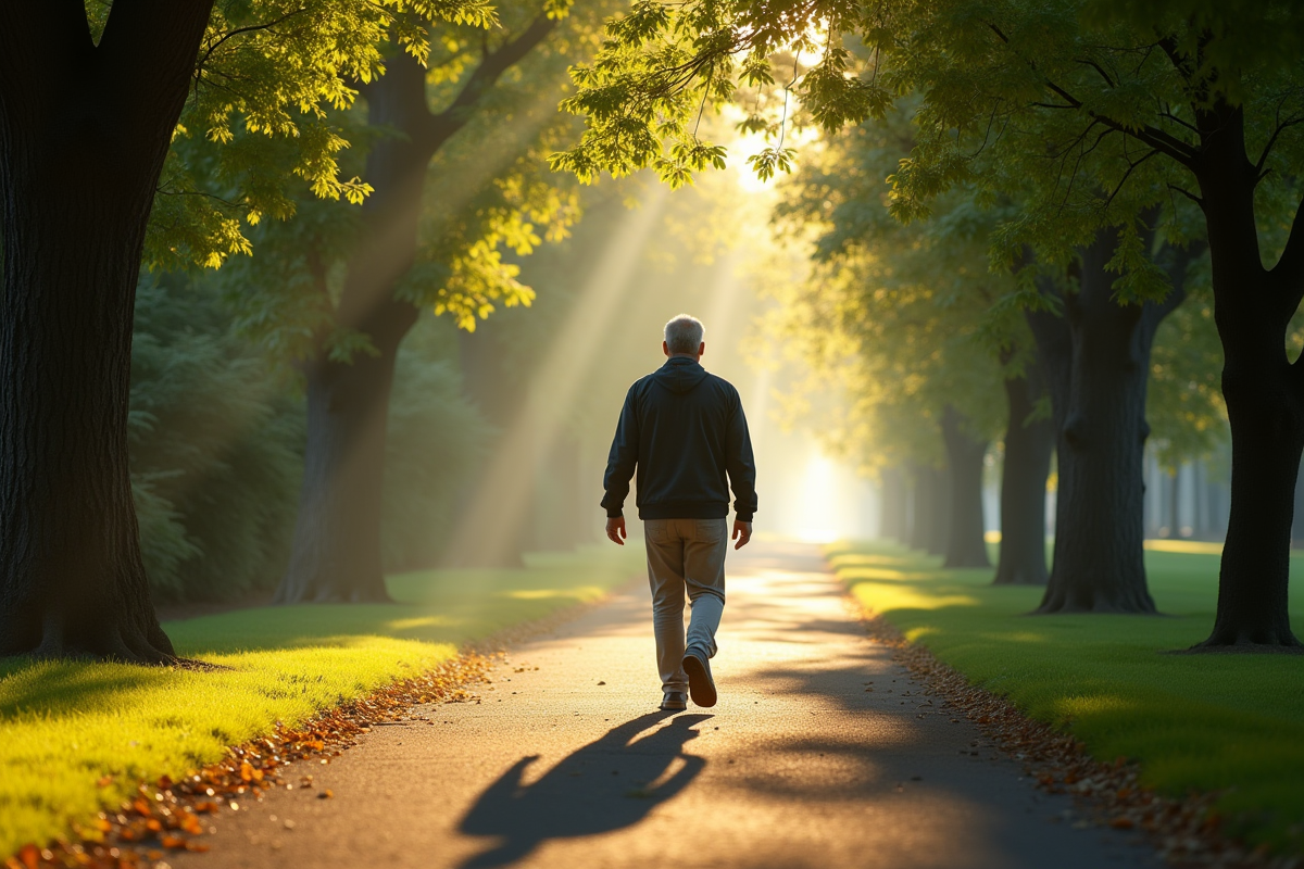 Homme marchant dans un parc au matin avec lumière douce