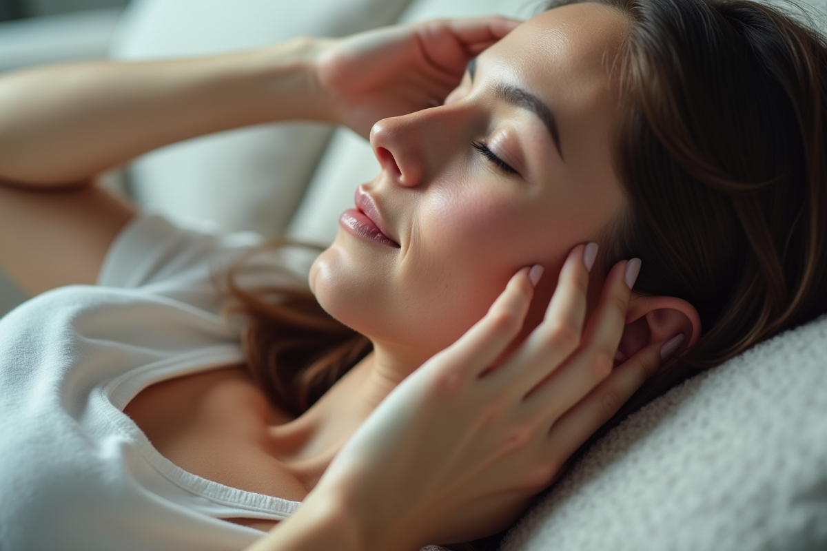 Adulte détendu se massant l'oreille sur un canapé en lumière naturelle