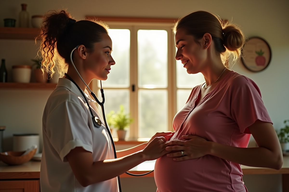Sage-femme utilisant un stéthoscope en clinique rurale