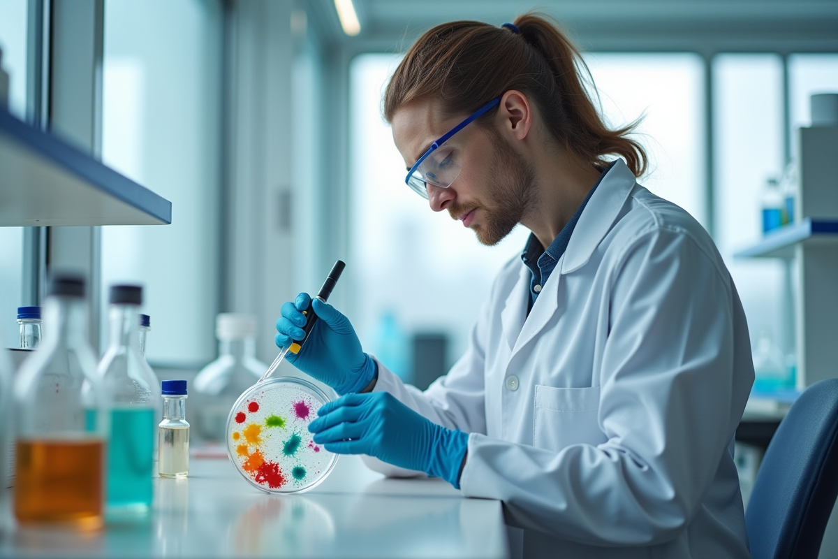 Scientifique étudiant des cultures bactériennes dans un laboratoire lumineux