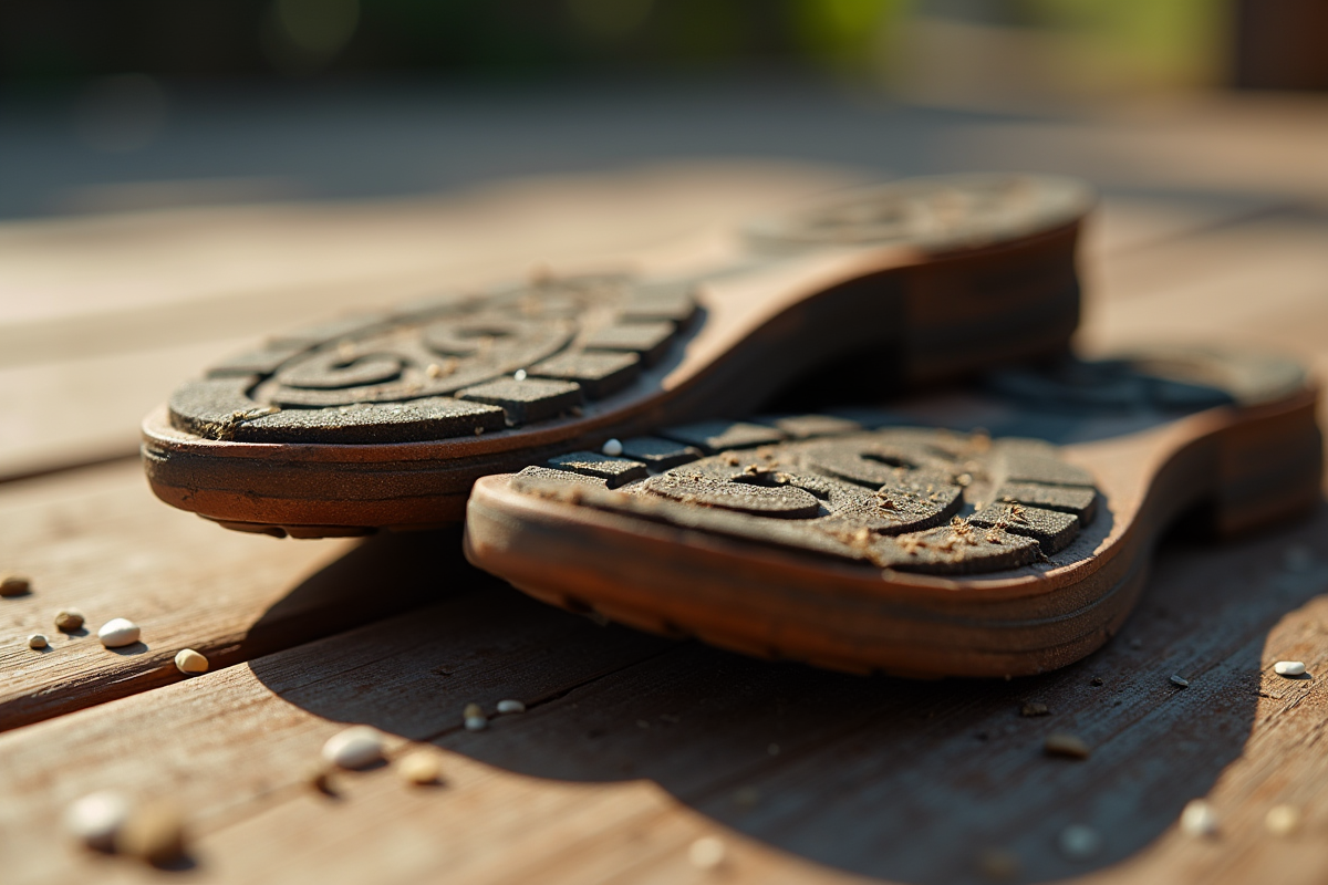 Semelles usurees de chaussures sur surface en bois